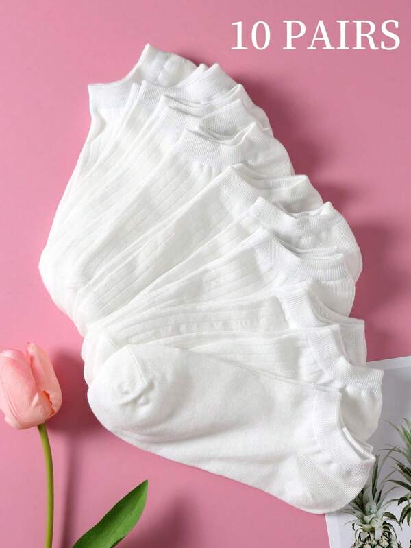 10 أزواج من الجوارب القصيرة غير اللامعة التنفسية القابلة للاستخدام الشامل باللون الأبيض، مناسبة للربيع والصيف