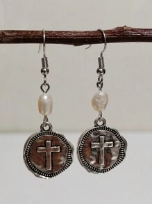 Freshwater Natural Pearl Bead Cross Drop Earrings Jewelry For Women Thanksgiving Christmas Gift - round - View 1