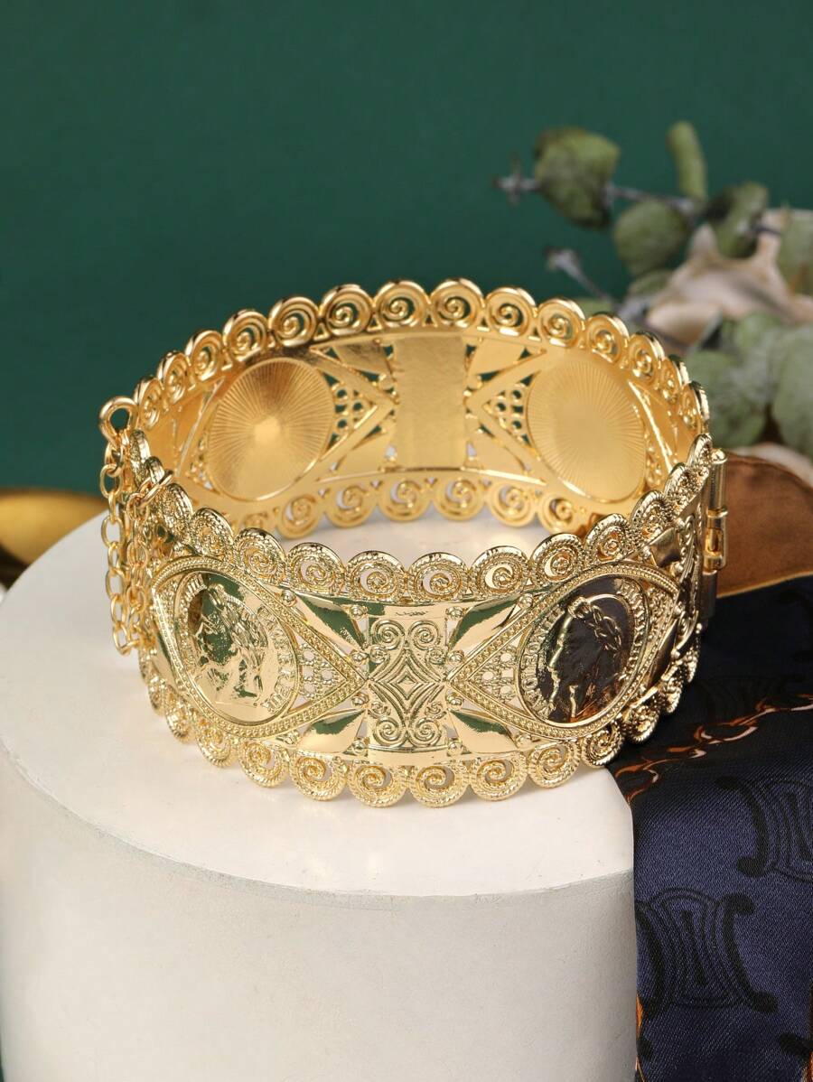 1 件经典宽空心硬币式时尚合金手镯，皇宫风格，多功能节日配饰 - 老仿金色 - 查看 1