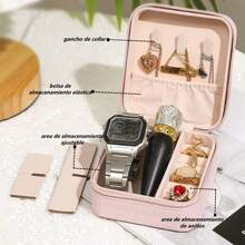 珠寶盒和收納盒,便攜式珠寶收納盒,pu皮革旅行珠寶收納盒,可存放戒指、耳環、手鍊、項鍊和手表 - 粉色 - 查看 6