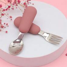 2pcs Toddler Tableware Set With Silicone Handle, Stainless Steel Children Spoon & Fork, Silicone, Dishwasher Friendly - Burgundy - View 8