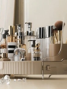 【雙層】梳妝台用化妝品組織器,帶抽屜的大容量桌上組織器,可存放化妝品、口紅、珠寶、指甲護理、護膚品。適用於臥室和浴室櫃臺(單層/雙層可選)