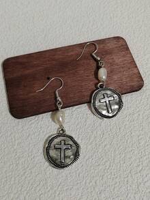 Freshwater Natural Pearl Bead Cross Drop Earrings Jewelry For Women Thanksgiving Christmas Gift - round - View 4