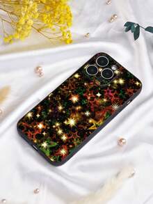1pc Black Matte Texture Full Coverage Protection Dustproof Waterproof Tpu Christmas Theme Soft Shell With Shiny Star Pattern And Straight Border Suitable For Iphone7/8/11/12/13/14/15/x/xr/xs/plus/pro/pro Max/se2/mini Etc. - Multicolor - View 2