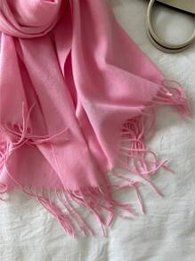 1條女士實色人造羊毛圍巾,冬季保暖披肩,適合日常穿著和辦公室使用 - 粉色 - 查看 3