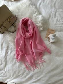 1條女士實色人造羊毛圍巾,冬季保暖披肩,適合日常穿著和辦公室使用 - 粉色 - 查看 4