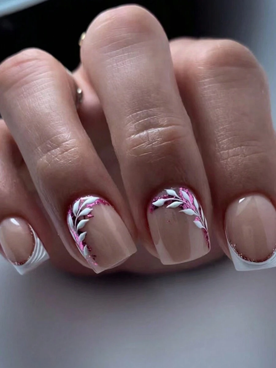 24pcs Short Square Shaped French Style Creative Floral Pattern False Nails, 1pc Nail File And 1pc Jelly Glue Included - Multicolor - View 1