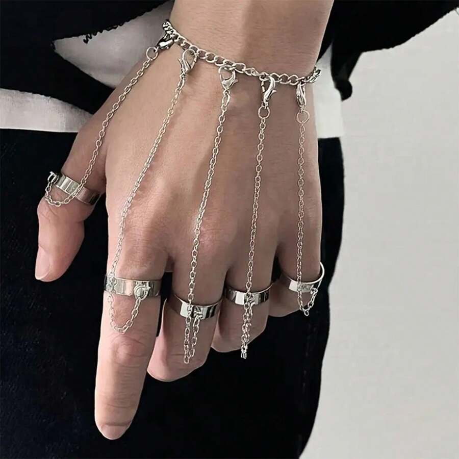 Punk Chain Tassel With Finger Rings Gothic Chain Hand HarnessHip Hop Rings - Silver - View 1