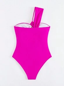 Women One Shoulder Hollow Out Athletic One Piece Swimsuit - Hot Pink - View 5