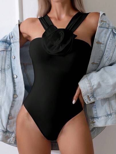 1pc Solid Appliques One Piece Swimsuit Summer