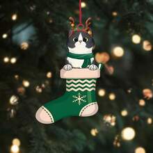 1pc 3mm Thickness White Acrylic Material Double Sided Printed Christmas Cute Socks & Cat Design Gift, Xmas Tree Ornaments, Car Hanging Decoration, Outdoor Holiday Decoration For Farmhouse, Living Room, Bedroom - Multicolor - View 4