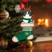 1pc 3mm Thickness White Acrylic Material Double Sided Printed Christmas Cute Socks & Cat Design Gift, Xmas Tree Ornaments, Car Hanging Decoration, Outdoor Holiday Decoration For Farmhouse, Living Room, Bedroom - Multicolor - View 2