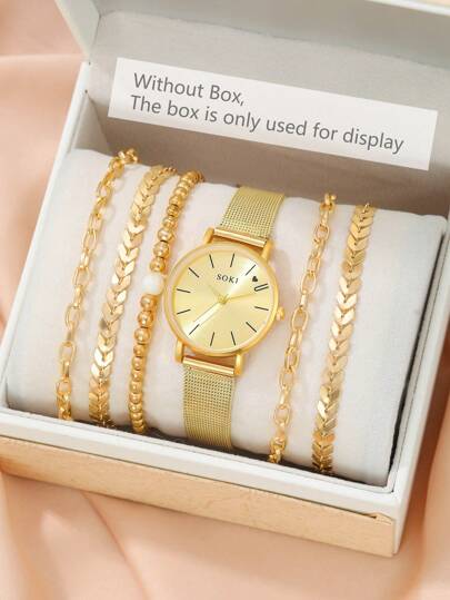 SOKI SOKI 一套女士时尚休闲圆形石英表和简约链条手链套装，适合日常佩戴、生日礼物、派对、节日聚会，也是送给自己或朋友的理想礼物。不含包装盒。