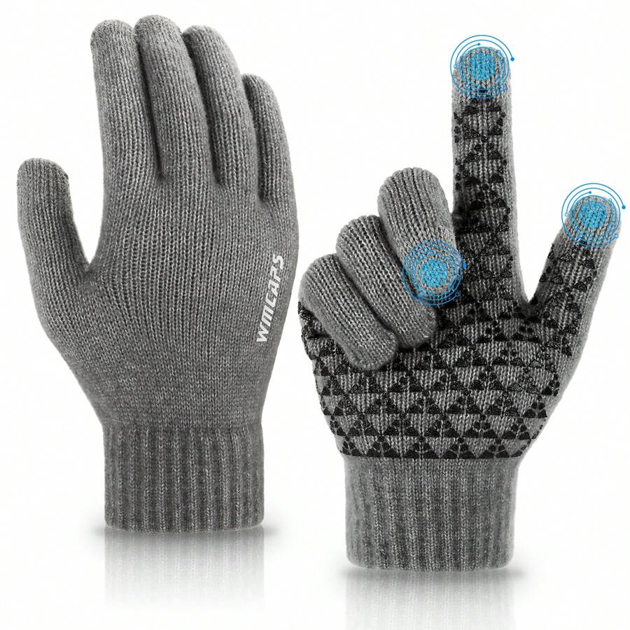男女通用針織觸控螢幕羊絨手套,冬季戶外保暖手套,防滑設計,適合登山騎行 - 灰色 - 查看 1