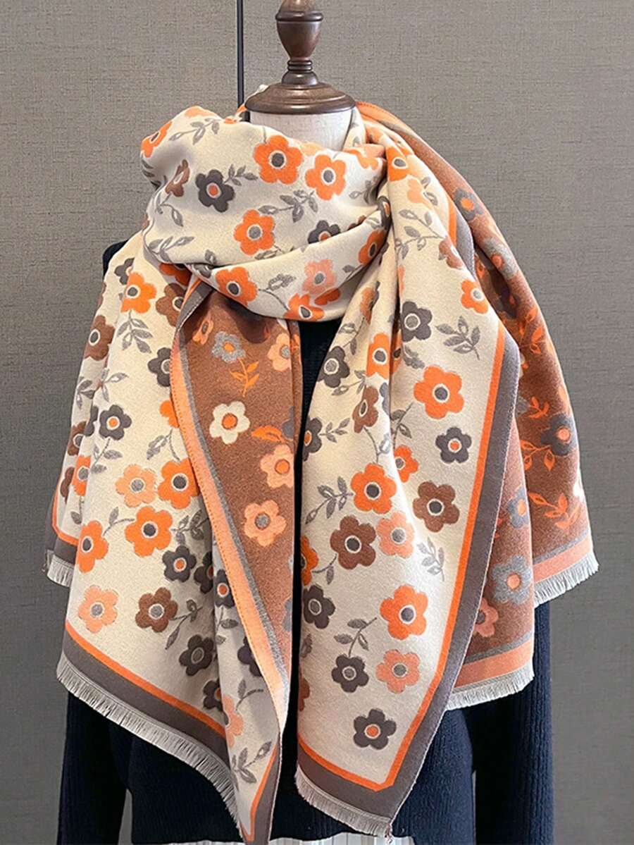 一件2023新款秋冬復古時尚印花優雅女士保暖加厚防風優雅大方圍巾披肩 - 彩色 - 查看 1