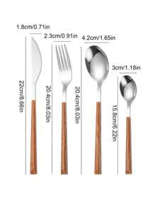 4/16/24pcs Stainless Steel Gold Color Cutlery Set, Wooden Pattern Plastic Handle, Japanese Style Flatware Suitable For Kitchen, Restaurant,School Supplies - Silver - View 3