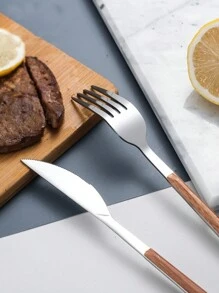 4/16/24pcs Stainless Steel Gold Color Cutlery Set, Wooden Pattern Plastic Handle, Japanese Style Flatware Suitable For Kitchen, Restaurant,School Supplies - Silver - View 4