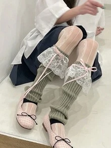 1對日式JK蘿莉塔女孩蝴蝶結飄帶毛織花邊腿套毛堆腿暖，日式Y2K腿套配飾