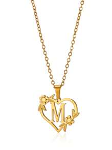 1pc Fashionable Stainless Steel Alphabet & Heart & Flower Design Necklace, Suitable For Women's Parties And Festivals, Jewelry Gift Valentines,Mom,Mother,Mother's Day,Gift