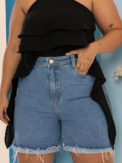 Short Jeans Bermudinha Plus Size Barra Feita Rasgado Moda