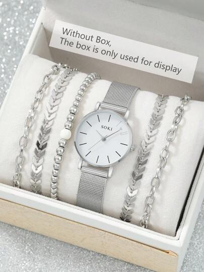 SOKI SOKI 1 Set Women's Fashion Casual Round Dial Quartz Watch And Minimalist Chain Bracelet Set, Suitable For Daily Wear, Birthday Gift, Party, Holiday Gathering, Ideal Gift For Yourself Or Friends. No Packaging Box Included.