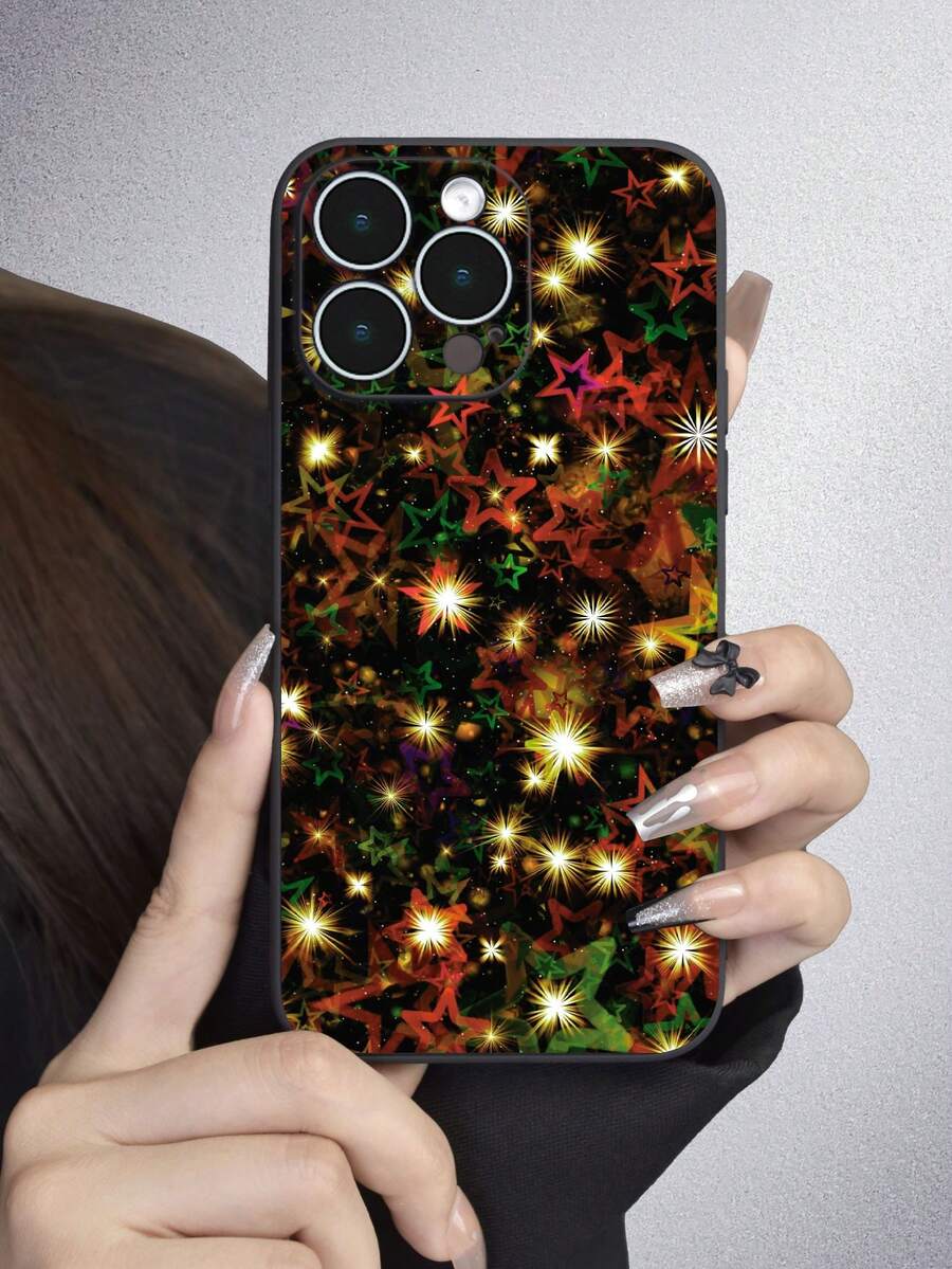 1pc Black Matte Texture Full Coverage Protection Dustproof Waterproof Tpu Christmas Theme Soft Shell With Shiny Star Pattern And Straight Border Suitable For Iphone7/8/11/12/13/14/15/x/xr/xs/plus/pro/pro Max/se2/mini Etc. - Multicolor - View 1