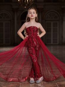 Tween Girls' Sparkly Strapless Jumpsuit With Mesh Overlay At Waist - Red - View 3