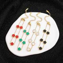 1條黑色/紅色/綠色/白色三葉草與花朵鏈不鏽鋼時尚潮流手鐲,獨特設計適合節日、派對和男女身上的復古風格,是情侶之間的理想之選