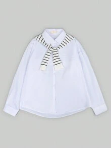 Women's Fashion Shirt With Plain Tone And Striped Design Woven Cape - White - View 10