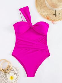 Women One Shoulder Hollow Out Athletic One Piece Swimsuit - Hot Pink - View 2