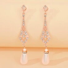 1對女士1920年代服裝配件，復古經典形狀鑲嵌鉆石，泪滴形裝飾假珍珠吊墜耳環：母親節/教師節禮物 - 玫瑰金 - 查看 1