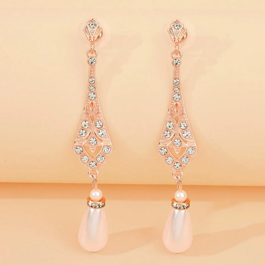 1對女士1920年代服裝配件，復古經典形狀鑲嵌鉆石，泪滴形裝飾假珍珠吊墜耳環：母親節/教師節禮物 - 玫瑰金 - 查看 1
