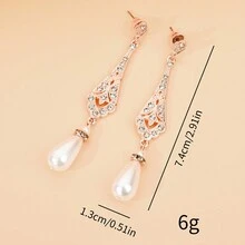 1對女士1920年代服裝配件，復古經典形狀鑲嵌鉆石，泪滴形裝飾假珍珠吊墜耳環：母親節/教師節禮物 - 玫瑰金 - 查看 2