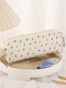 1 pezzo Astuccio a matita con motivo floreale stampato integralmente, borsa portaoggetti per cancelleria, astuccio per penne stampato a doppia faccia, organizzatore portatile multi-funzionale per la cancelleria da ufficio - Multicolore - Visualizzare 1