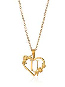 1pc Fashionable Stainless Steel Alphabet & Heart & Flower Design Necklace, Suitable For Women's Parties And Festivals, Jewelry Gift Valentines,Mom,Mother,Mother's Day,Gift
