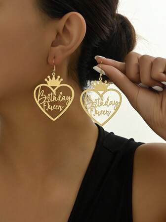 1pair Creative Happy Birthday English Letter Hollow Out Metallic Earrings For Women, For Parties, Thanksgiving Day, Mother's Day, Friends' Birthdays