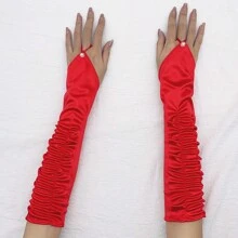 1對紅色緞面材質手套,鑲嵌鑽石裝飾,魔術貼,適用於正式場合,婚禮,cosplays和戶外活動