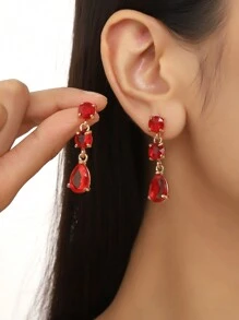 1對時尚水晶玻璃和愛心水滴方形組合長吊耳環,適合派對和各種風格 - 紅色 - 查看 1