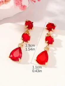 1對時尚水晶玻璃和愛心水滴方形組合長吊耳環,適合派對和各種風格 - 紅色 - 查看 4