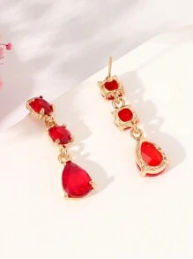 1對時尚水晶玻璃和愛心水滴方形組合長吊耳環,適合派對和各種風格 - 紅色 - 查看 3