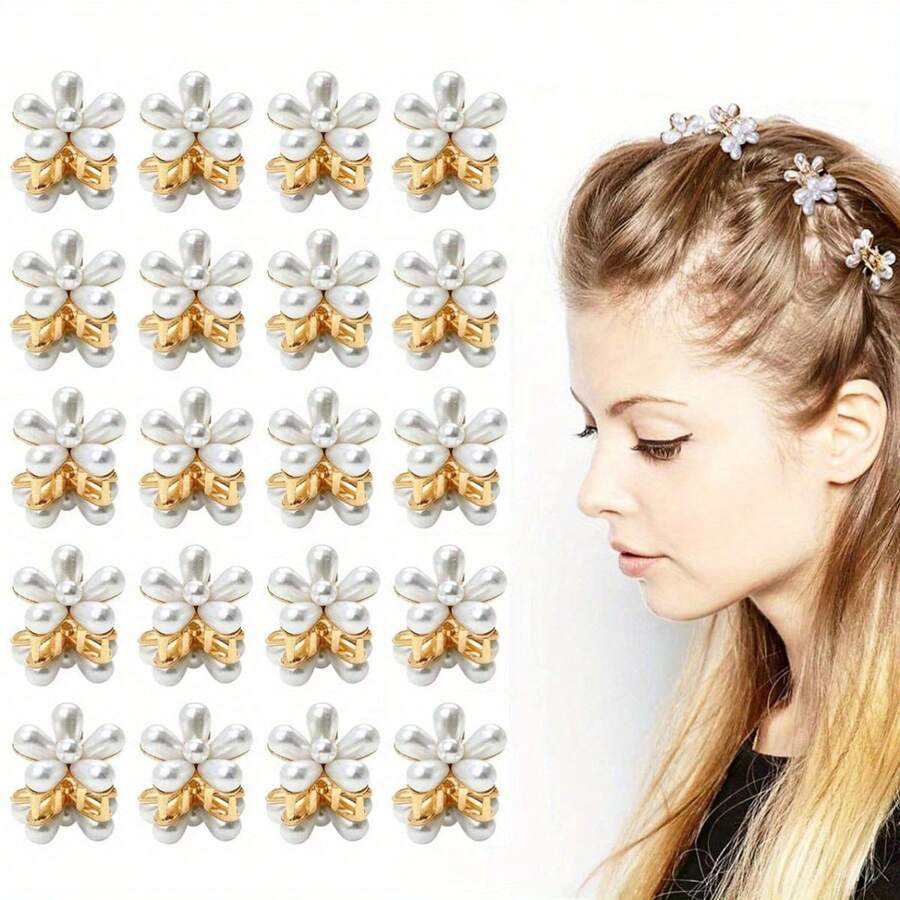 20 Piezas Pinzas Para Cabello Básicas Simples Y Elegantes Con Detalles De Perlas Metálicas - Blanco - Ver 1