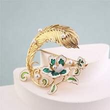 DUOSHENG 1 件复古夸张莲花孔雀羽毛形胸针 - 金色 - 查看 3