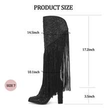 Women's Fringe Rhinestone Cowboy Boots Western Cowgirl Pointed Toe Block High Heel Zipper Knee High Boots For Girl,Party,Dating - màu đen - Xem 2