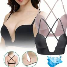 Sujetador push-up con escote en U profundo y corte bajo para mujer, con espalda transparente y correas de hombro invisibles multidireccionales, adecuado para mujeres de pecho pequeño - Negro - Ver 1