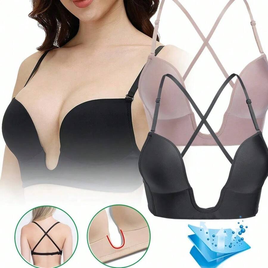 Sujetador push-up con escote en U profundo y corte bajo para mujer, con espalda transparente y correas de hombro invisibles multidireccionales, adecuado para mujeres de pecho pequeño - Negro - Ver 1