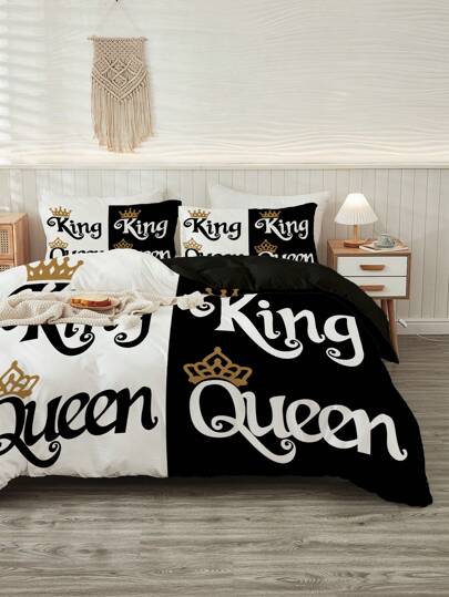 3pcs Luxurious Comforter Cover Set - Black And White Crown Design For Elegant Bedroom Decor - Includes 1 Comforter Cover And 2 Pillowcase - Core Not Included