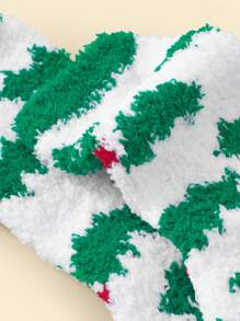 1雙女士中筒襪,白色和綠色珊瑚絨保暖舒適冬季襪子,適用於聖誕節