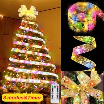 Christmas Colorful Ribbon Fairy Lights,8 Lights Modes 100 LED Lights USB Powered Copper Fairy Strings Lights,Ribbon Bows Lights For Weddings New Year Party Christmas Tree Decorations Christmas Decor Christmas Gift Thanksgiving Christmas Tree Decor Ornaments Christmas Light Bedroom Decor Home Decor Party Decor Holiday Festival Room Decor