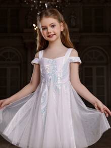 Tween Girl Sequined Spaghetti Strap Dress With Open Shoulder Mesh Ruffle Hem - White - View 6