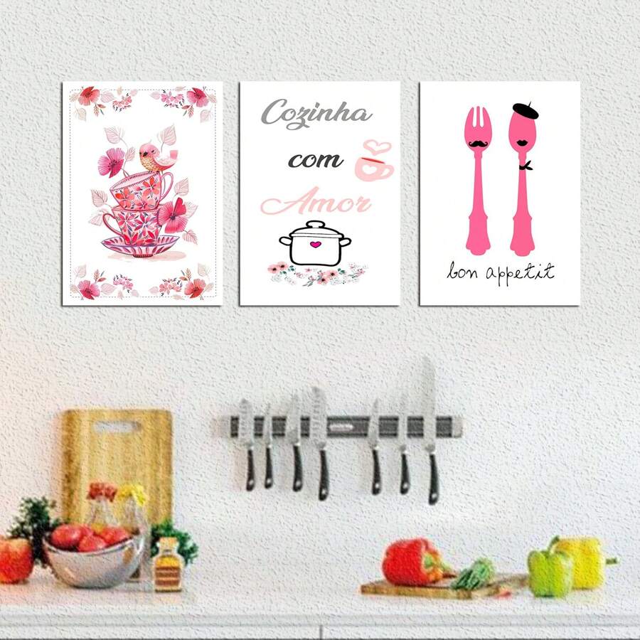 Conjunto de Quadros para decoração de Cozinha, Cozinha com Amor, Bom appetiti, Decoração rosa - Verde - Visão 1